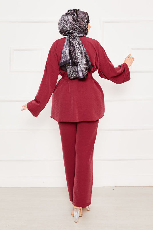 Kimonolu İkili Tesettür Takım Bordo