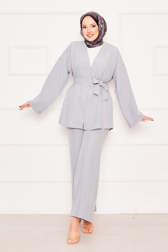 طقم كيمونو حجاب مزدوج باللون الرمادي