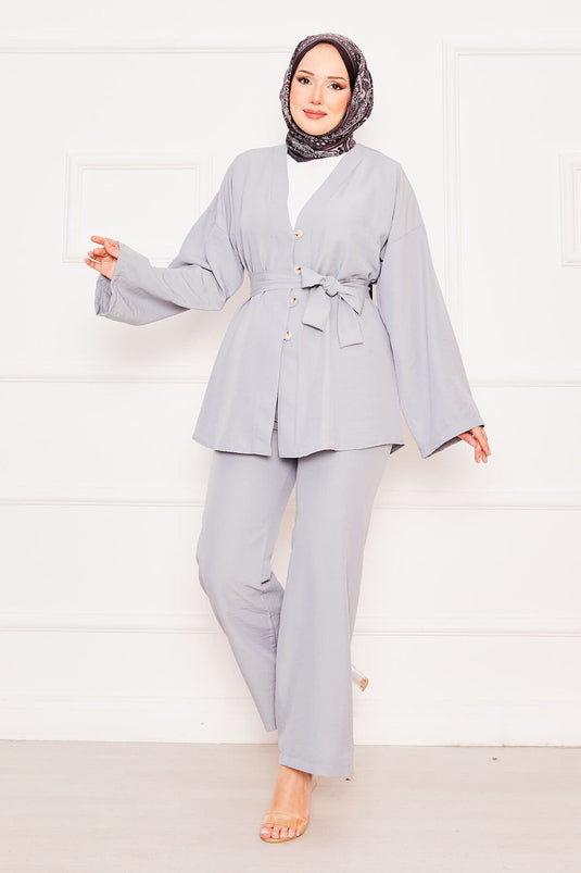 Kimono Double Hijab Set Gray