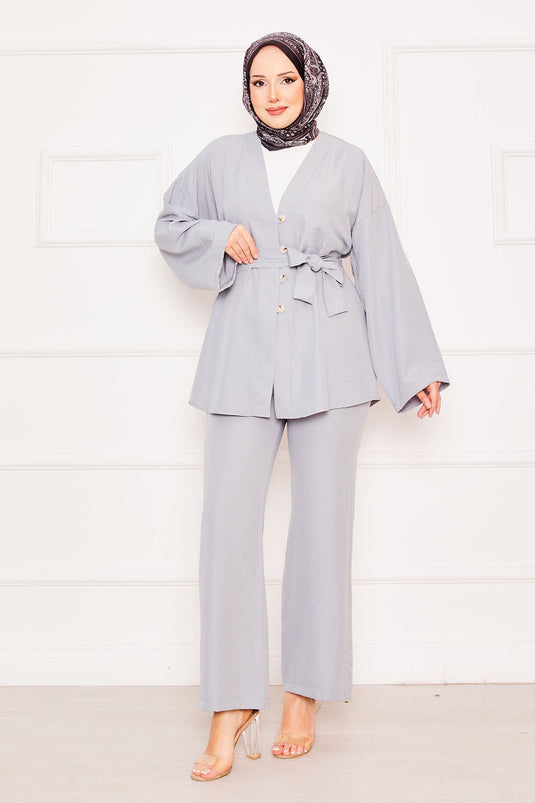 طقم كيمونو حجاب مزدوج باللون الرمادي