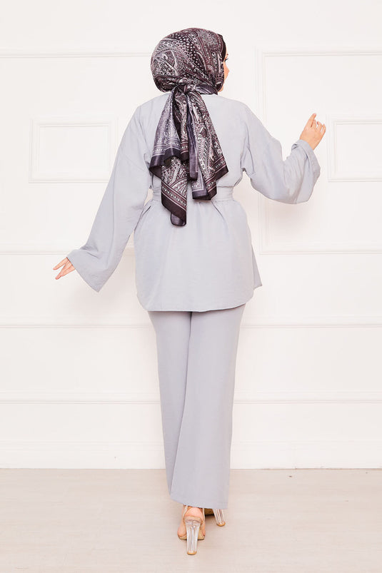 طقم كيمونو حجاب مزدوج باللون الرمادي