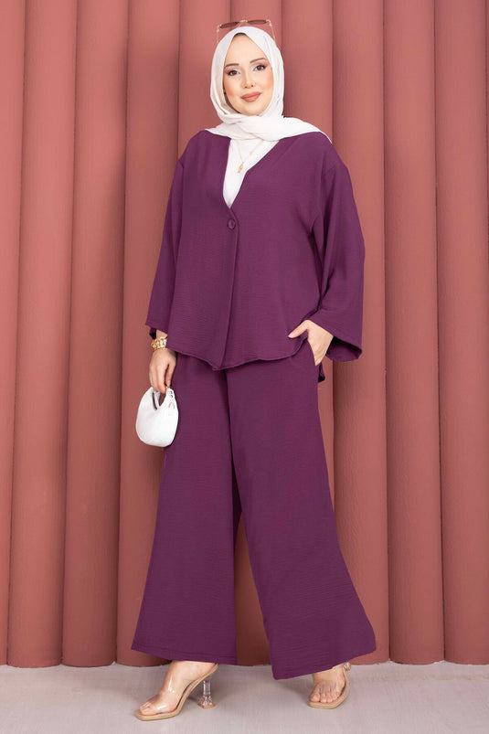 Locker geschnittenes Sommer-Tesettür-Set mit Kimono in Pflaumenfarbe