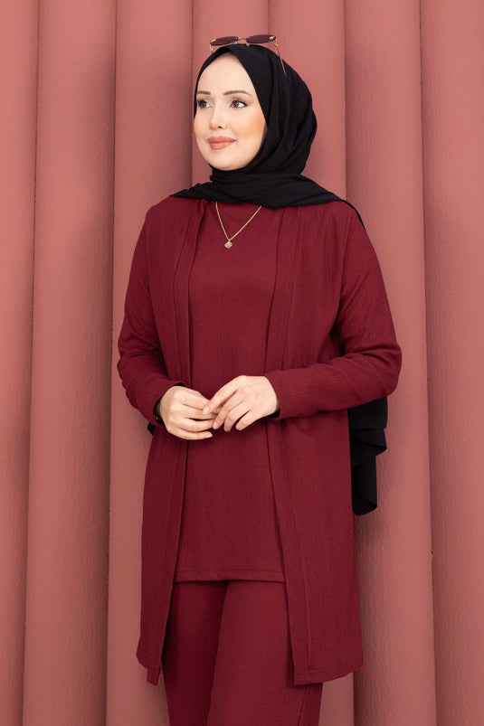 Three-Piece Modest Set with Kimono in Burgundy