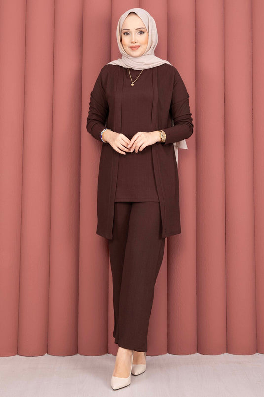 Ensemble trois pièces modest fashion avec kimono, couleur café