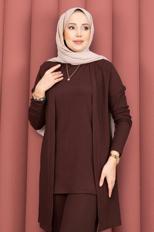 Three-Piece Modest Set with Kimono, Brown