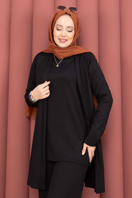 Three-Piece Modest Set with Kimono Black