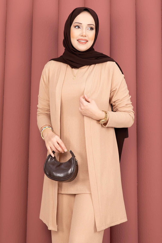 Modest Fashion Three-Piece Set with Kimono in Mink