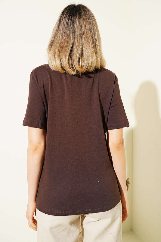 Kiraz Baskılı Mini Taşlı T-shirt Kahve