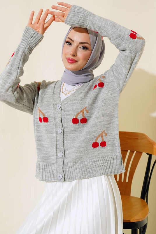 Cardigan corto con bottoni con motivo ciliegia Grigio