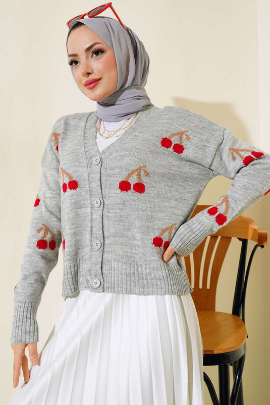 Cardigan corto con bottoni con motivo ciliegia Grigio