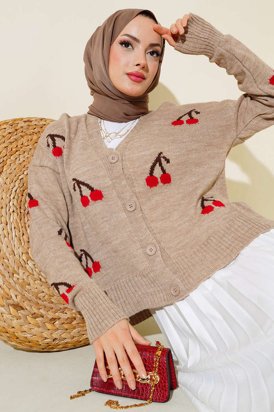 سترة صوفية قصيرة بأزرار ونمط الكرز لاتيه