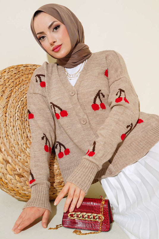 سترة صوفية قصيرة بأزرار ونمط الكرز لاتيه