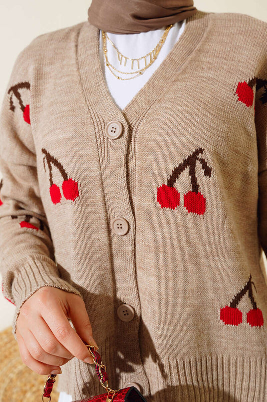 Cherry Pattern Buttoned Short Cardigan Latte