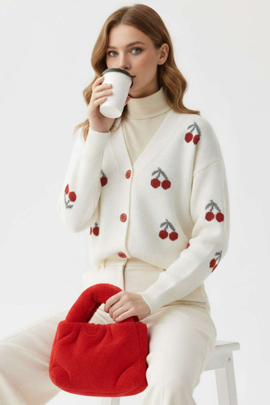 Gilet en maille à motif cerises, écru