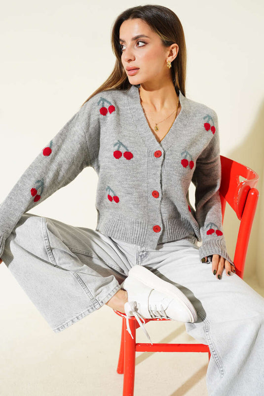 Kiraz Desenli Triko Hırka Gri