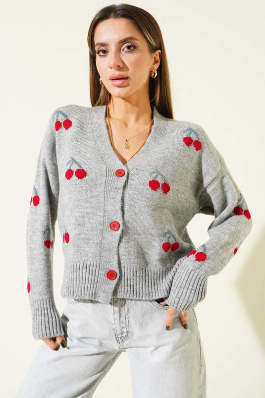 Strickcardigan mit Kirschmuster, Grau