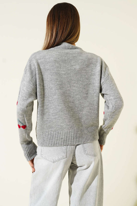 Strickcardigan mit Kirschmuster, Grau