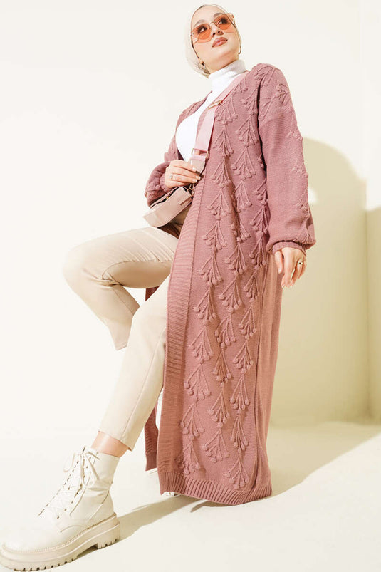 Cardigan long en tricot à relief Kiraz couleur rose fané
