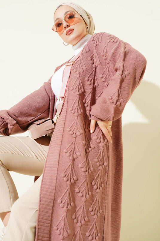 كارديغان صوفي طويل مزخرف بنقشة الكرز بلون وردي داكن