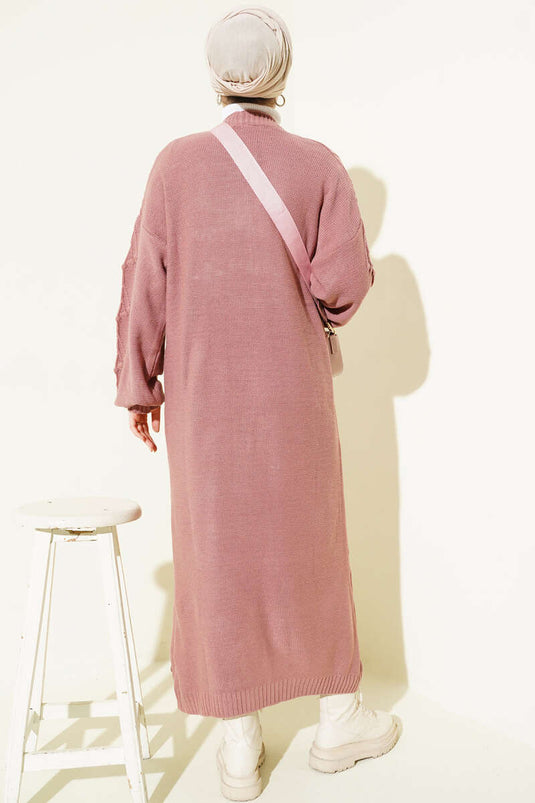 كارديغان صوفي طويل مزخرف بنقشة الكرز بلون وردي داكن
