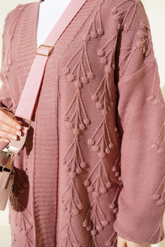 Cardigan long en tricot à relief Kiraz couleur rose fané