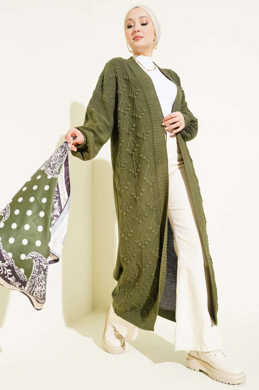 Kiraz Kabartmalı Uzun Triko Hırka Haki