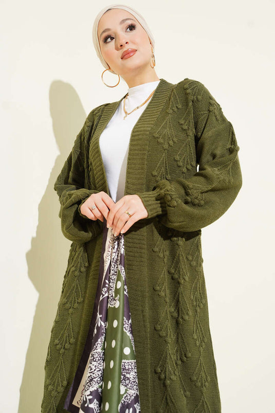 كارديغان صوفي طويل مزخرف بنقشة الكرز بلون زيتي