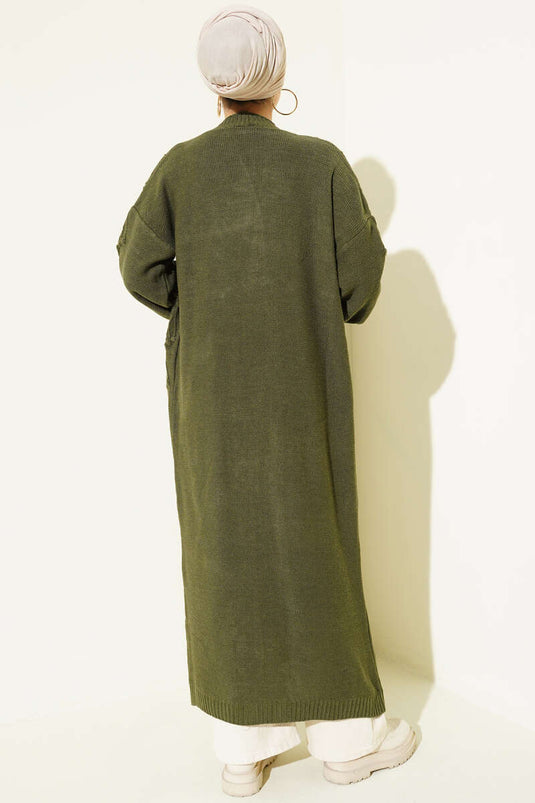 كارديغان صوفي طويل مزخرف بنقشة الكرز بلون زيتي