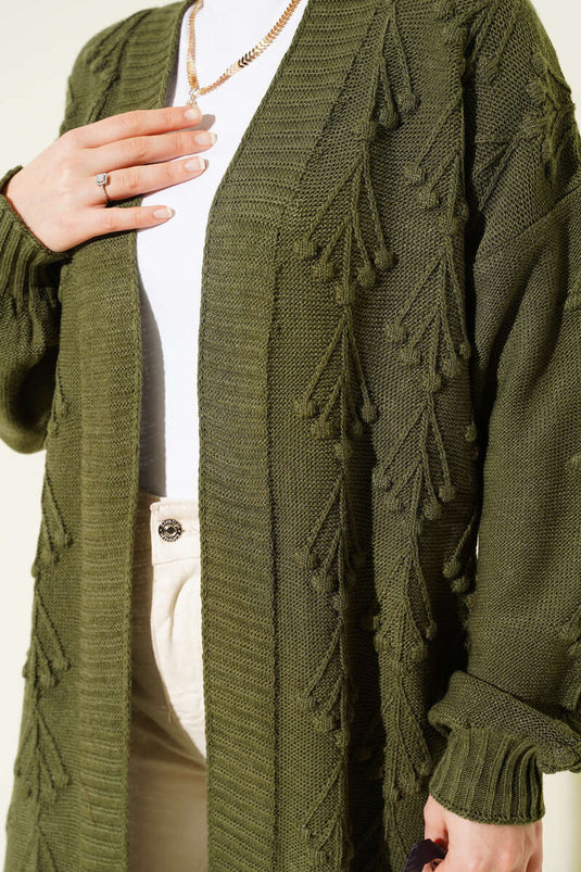 Kiraz Kabartmalı Uzun Triko Hırka Haki