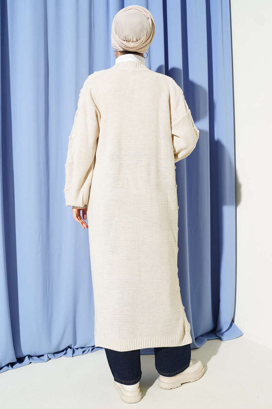 كارديغان صوفي طويل مزخرف بنقشة كيراز بلون حجر