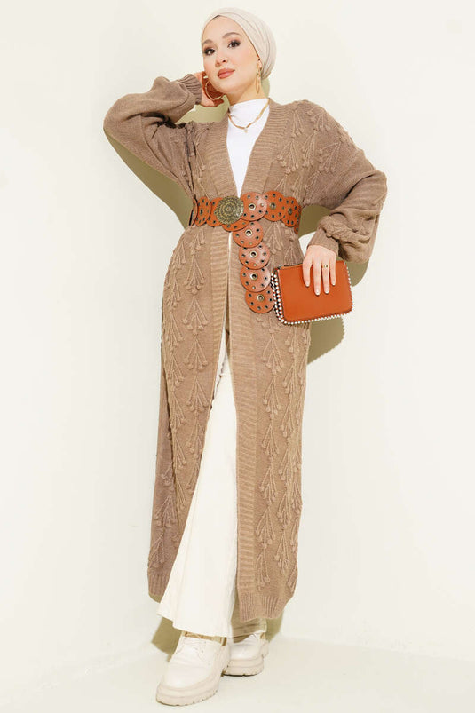 Cardigan long en tricot à relief Kiraz couleur vison