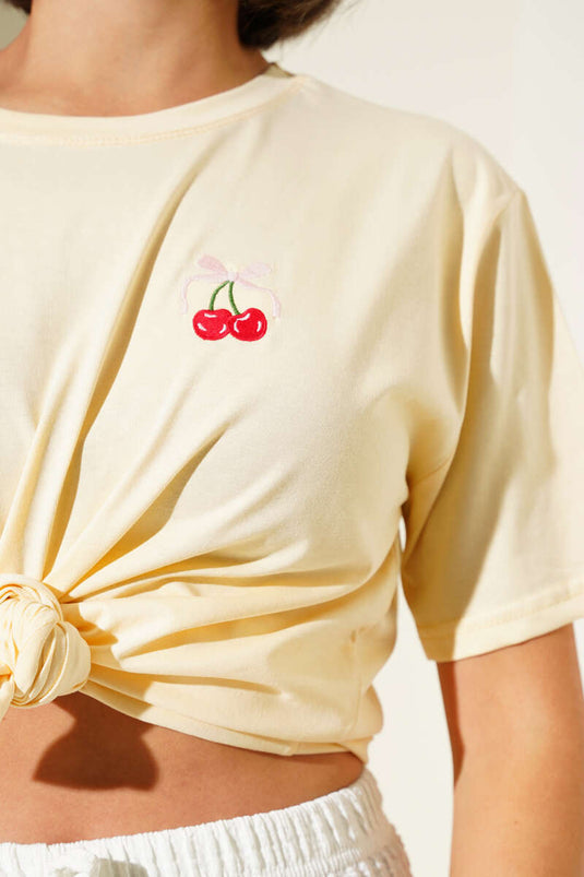 Cherry Embroidered Detail T-shirt Yellow