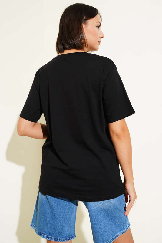 T-shirt noir à broderie cerise