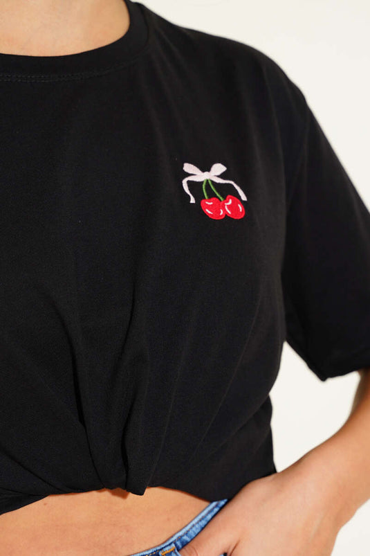 T-shirt noir à broderie cerise