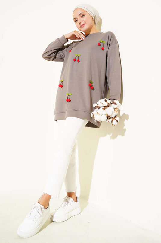 Kiraz Salkım Detaylı Tunik Vizon