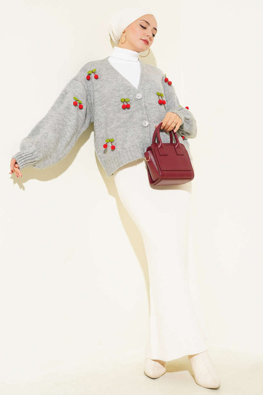 Cherry Cluster Pattern Short Knitted Cardigan Grey
