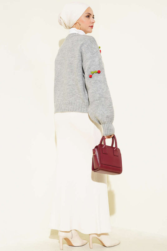 Cherry Cluster Pattern Short Knitted Cardigan Grey