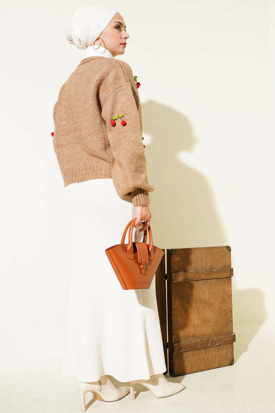 Cherry Cluster Pattern Short Knit Cardigan Latte