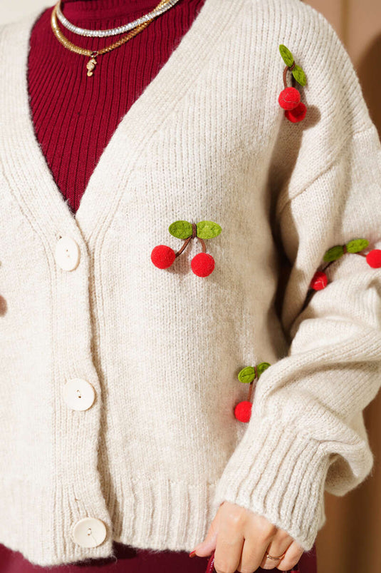 Cherry Cluster Pattern Short Knit Cardigan Stone