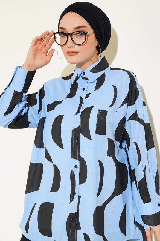 Patterned Linen Shirt Blue