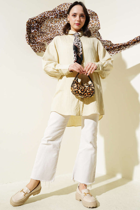 Kırışık Çizgili Basic Gömlek Bej