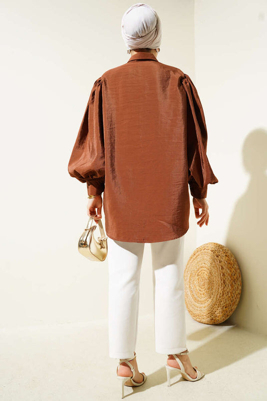 Chemise à manches ballon à texture froissée marron