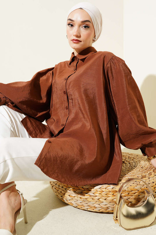 Chemise à manches ballon à texture froissée marron