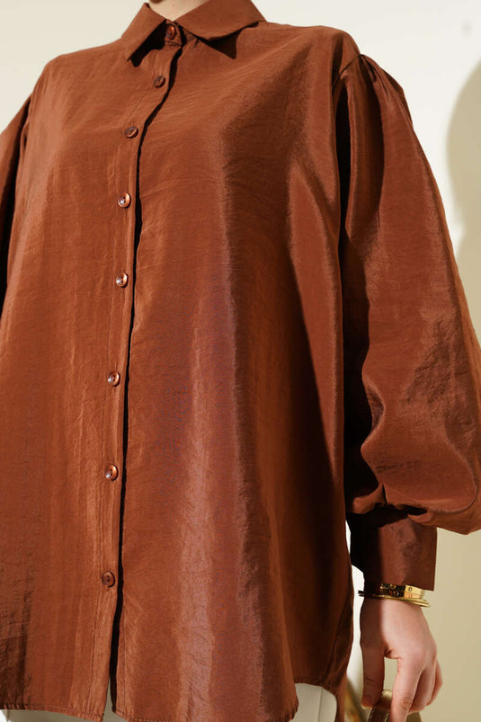 Chemise à manches ballon à texture froissée marron