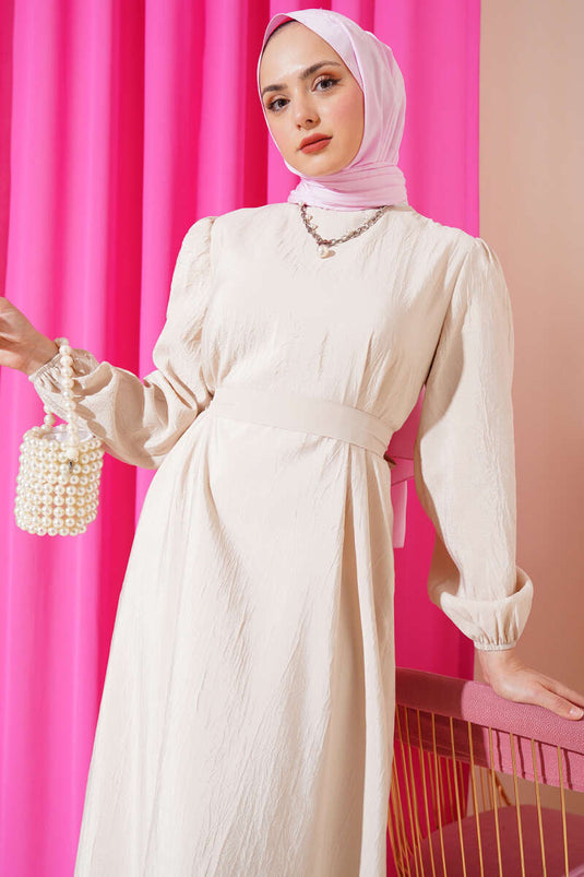 Robe ceinturée à texture froissée beige
