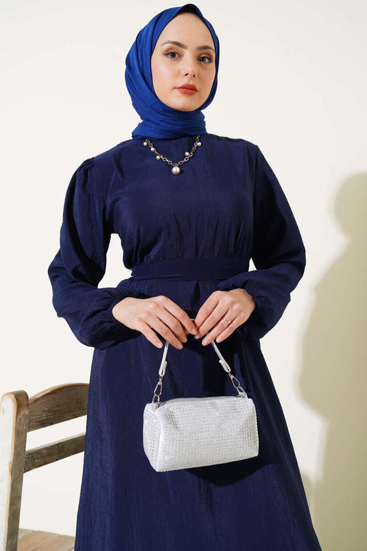 Kırışık Doku Kuşaklı Elbise Lacivert