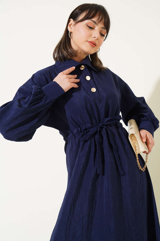 Robe à demi-boutons à texture froissée bleu marine