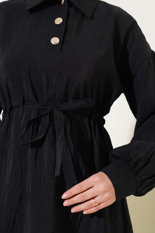 Robe à demi-boutons à texture froissée noire