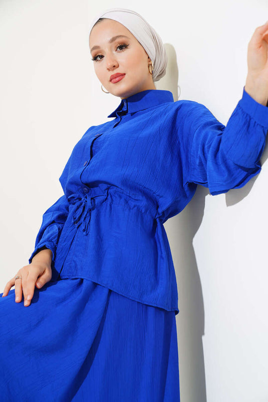 Kırışık Dokuma Etekli İkili Takım Saks