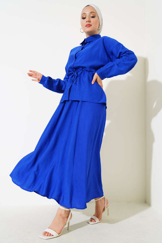 Kırışık Dokuma Etekli İkili Takım Saks